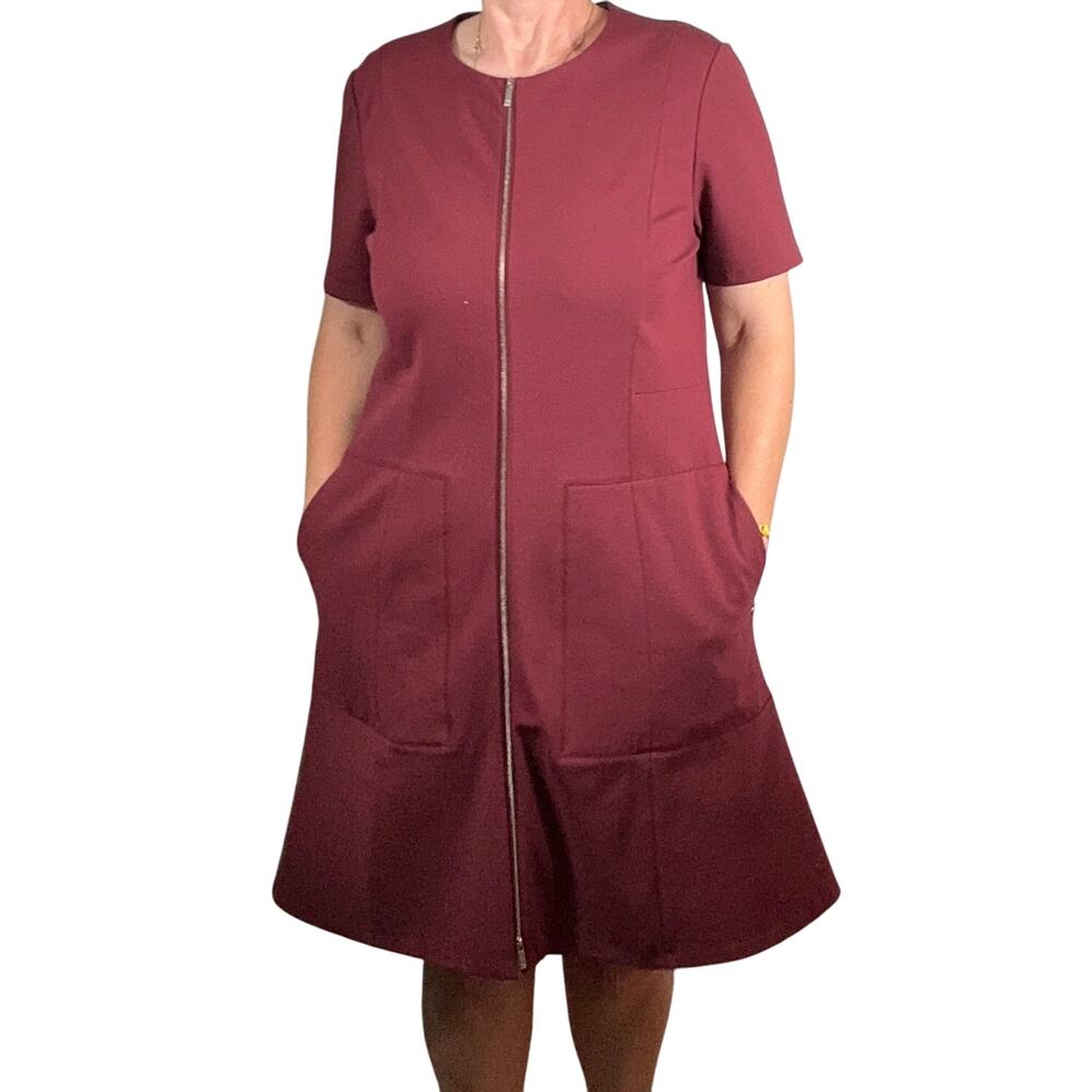 Lafayette 148 NY Burgundy A-Line Dress Zip Front Short Sleeve Pockets Size 14/16 - Picture 2 of 16